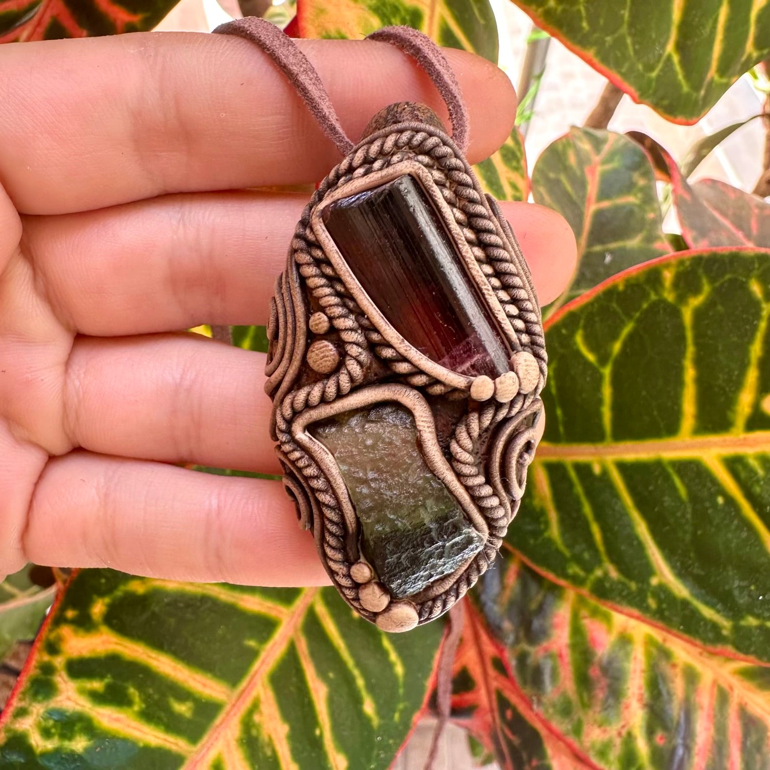 Rubellite Tourmaline and Moldavite Pendant Necklace - FairyGardenGlow