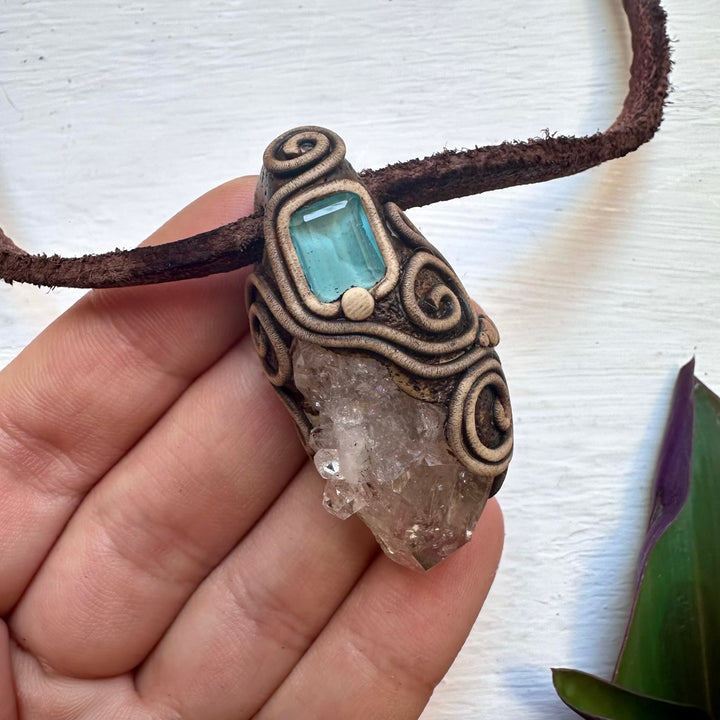 Herkimer Diamond Quartz and Blue Topaz Pendant Necklace - FairyGardenGlow