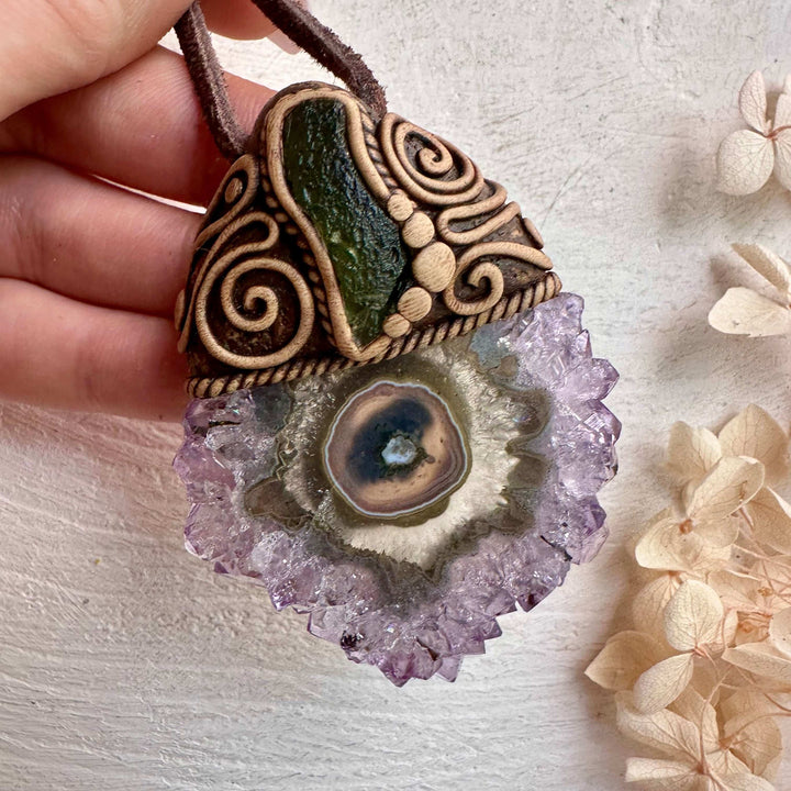 Amethyst Stalactite and Moldavite Pendant Necklace - FairyGardenGlow