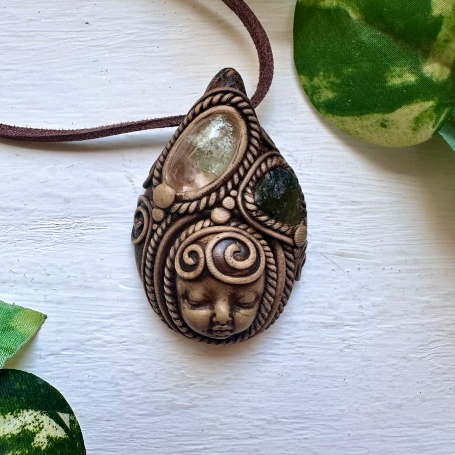 Chlorite Quartz and Moldavite Goddess Necklace - FairyGardenGlow