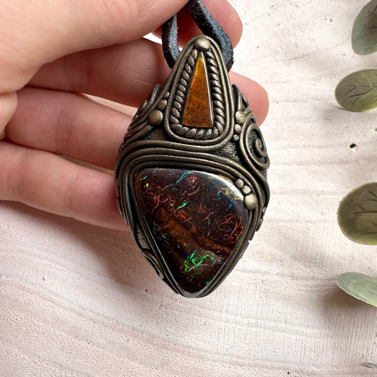 Boulder Opal and Ammolite Pendant, Unique Handmade Necklace