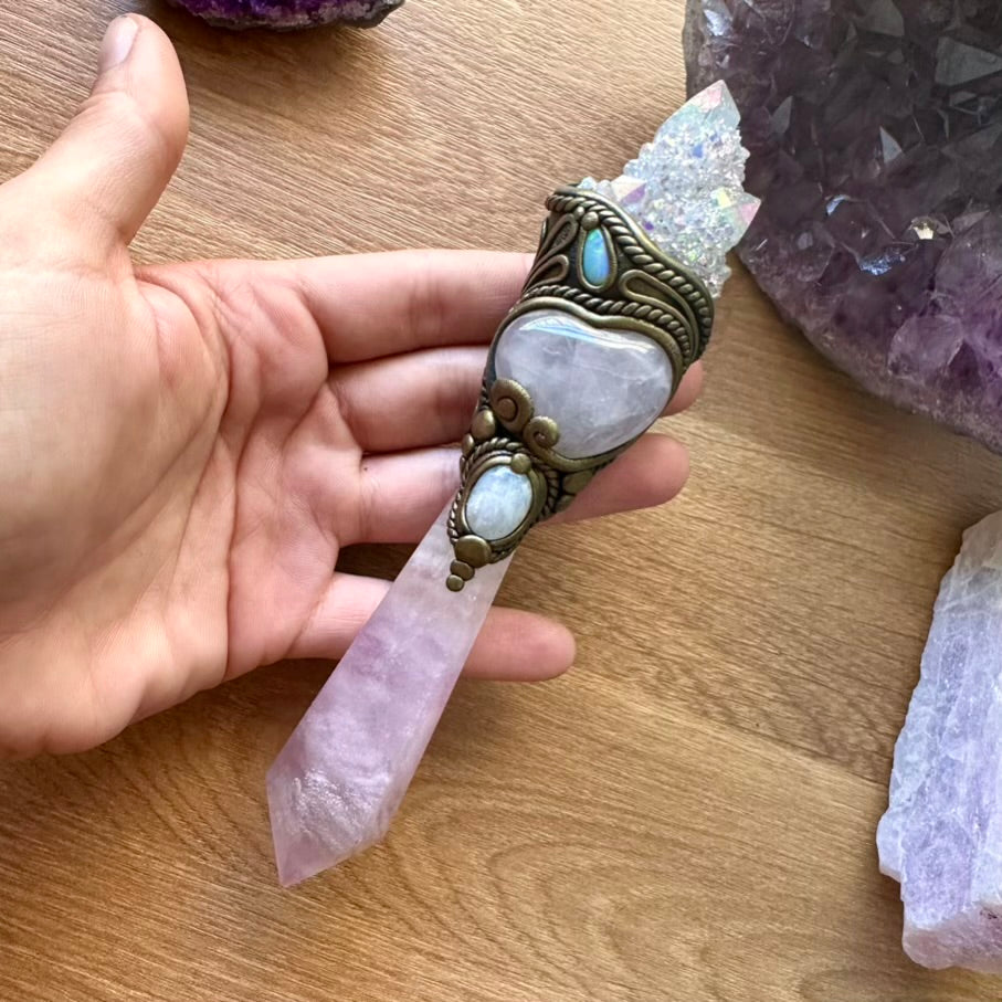 Lavender Fluorite Wand, Angel Aura Spirit Quartz, Rose Quartz Heart, Moonstone and Australian Opal Crystal Wand - FairyGardenGlow