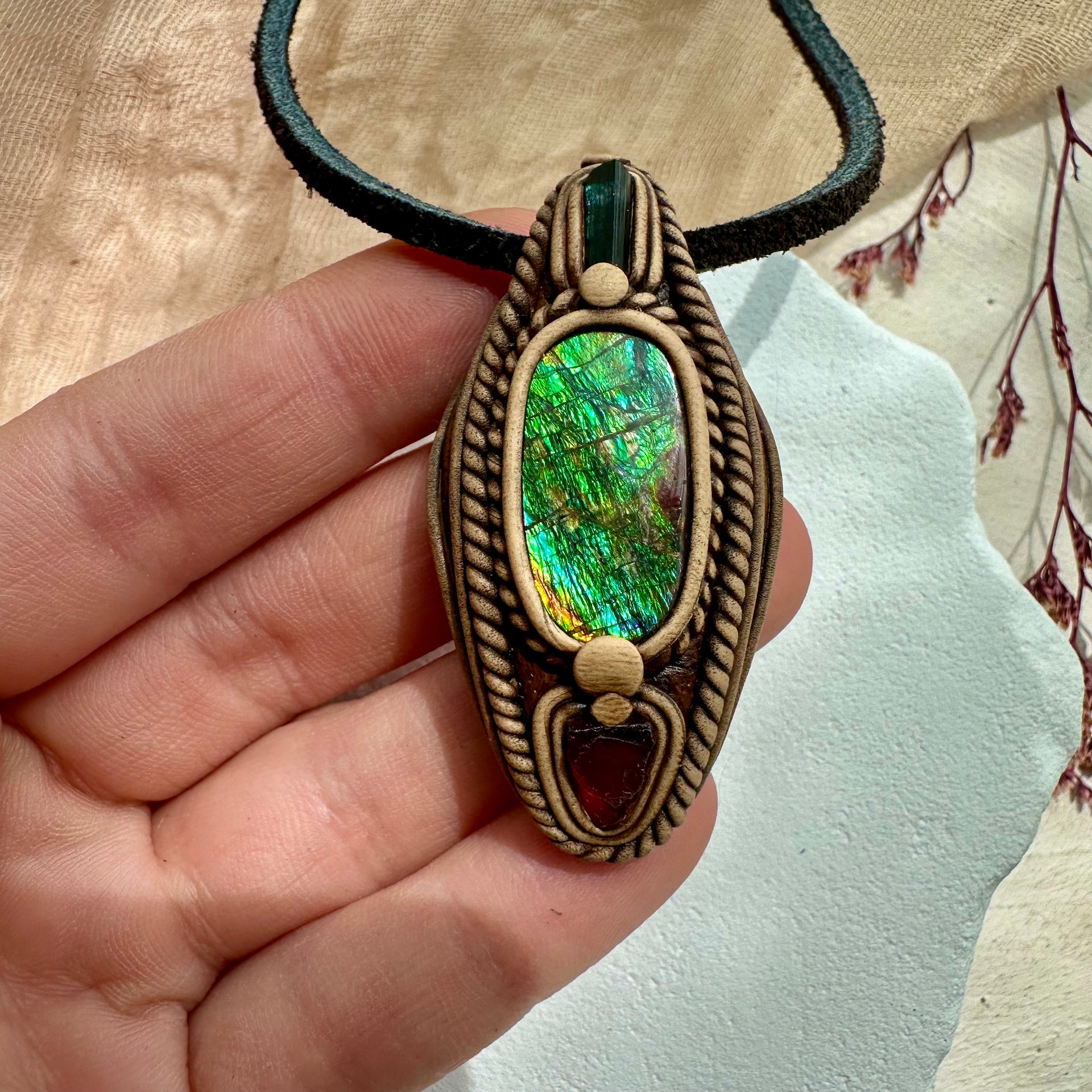 Ammolite Blue Tourmaline and Red Garnet Necklace