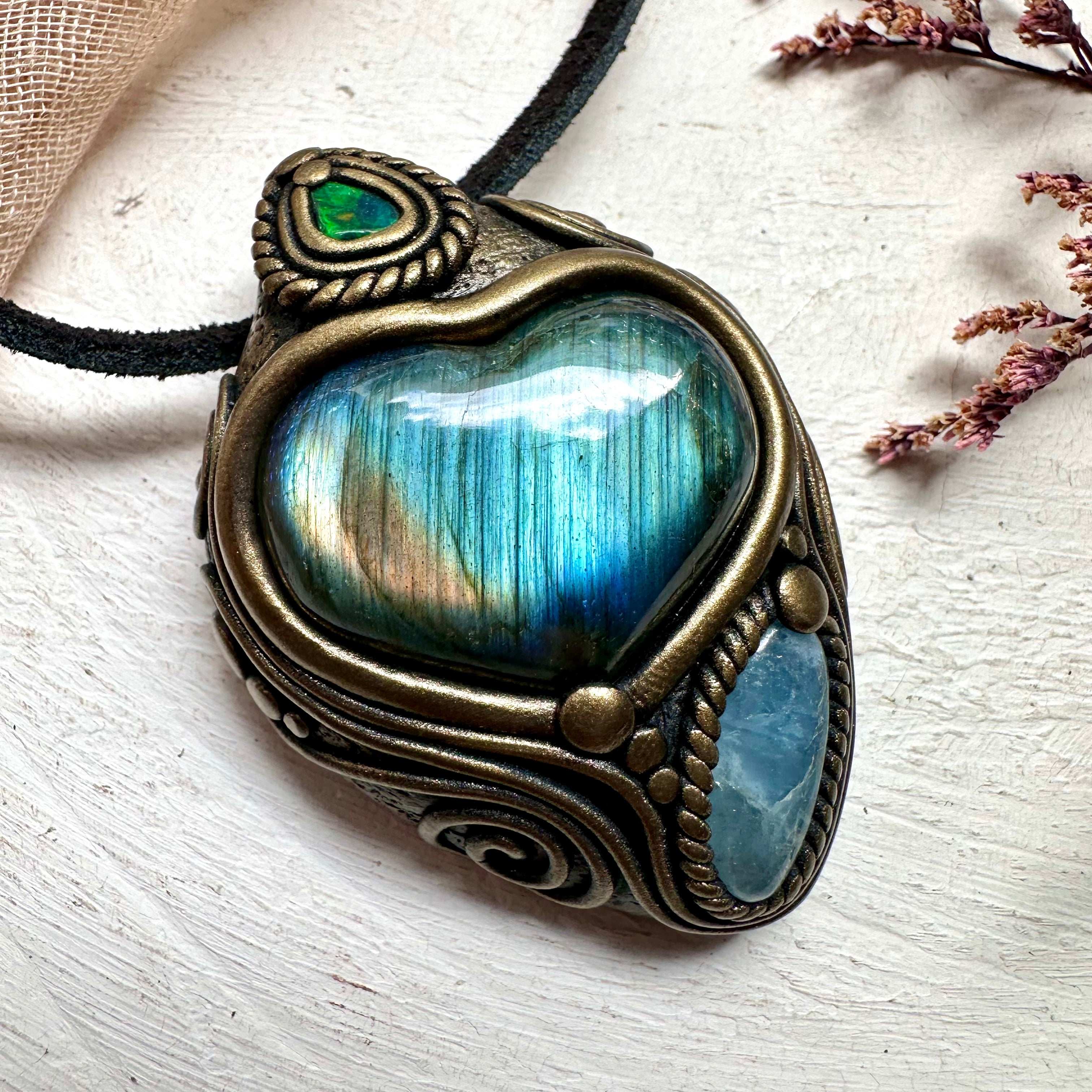 Labradorite Heart Aquamarine and Black Opal Pendant - FairyGardenGlow