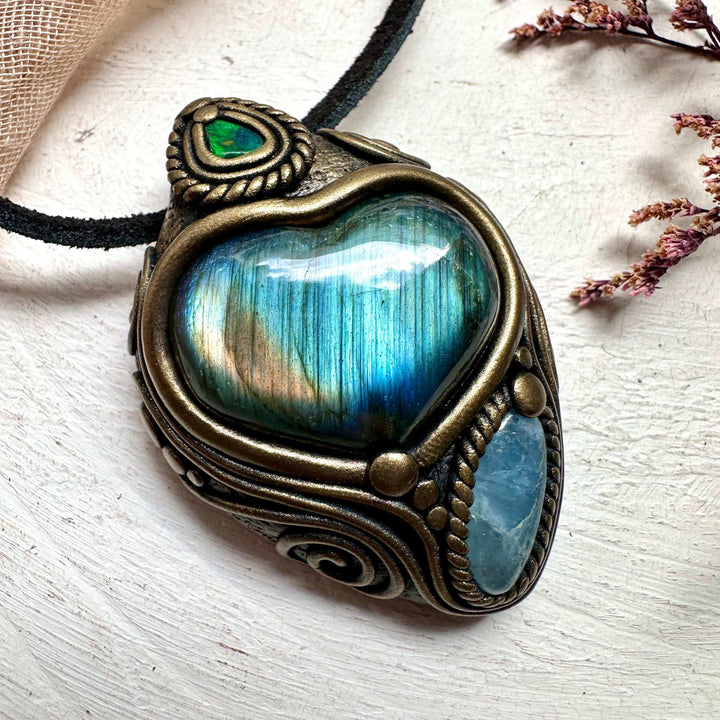 Labradorite Heart Aquamarine and Black Opal Pendant - FairyGardenGlow