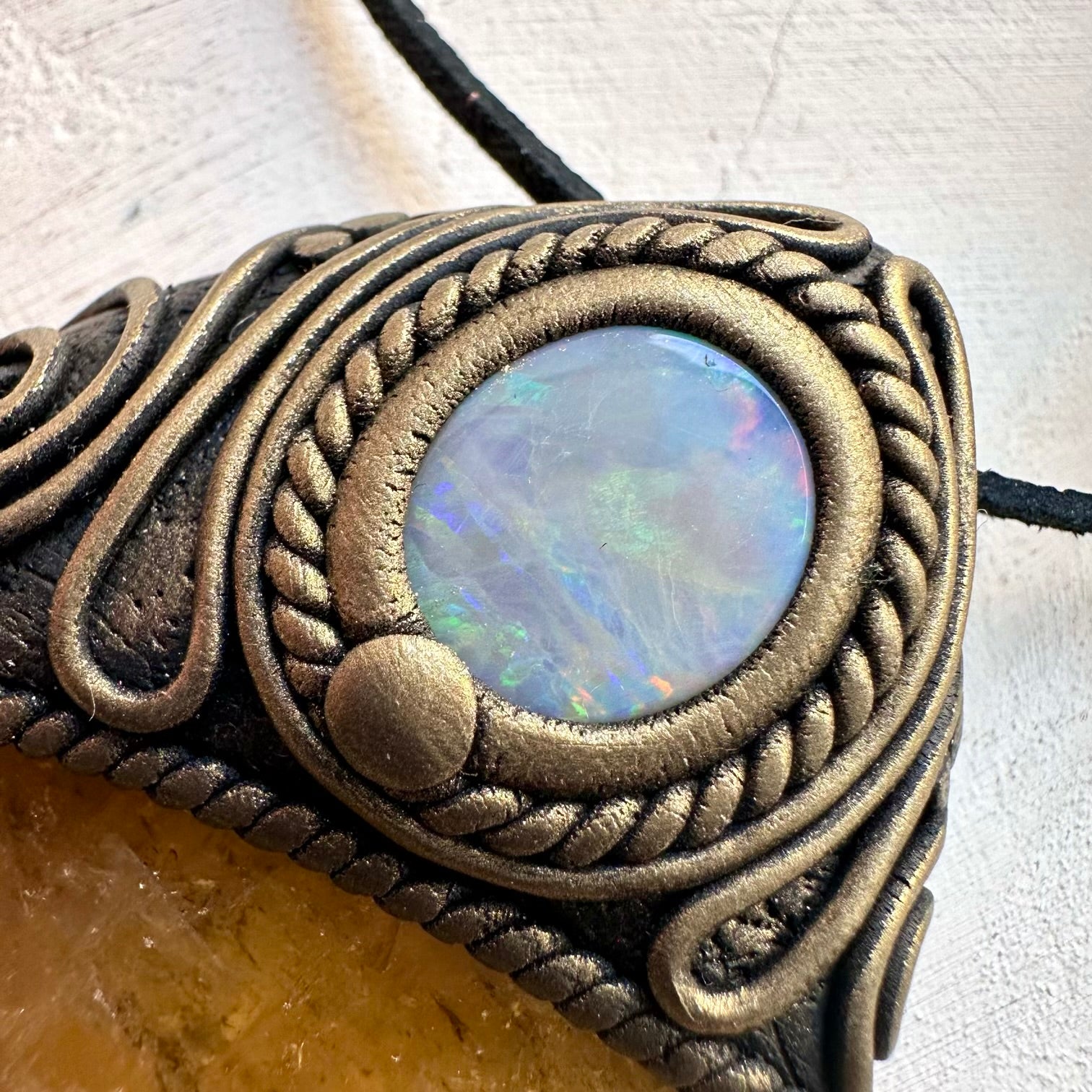 Spiritual gemstone pendant combining citrine and gray Australian opal