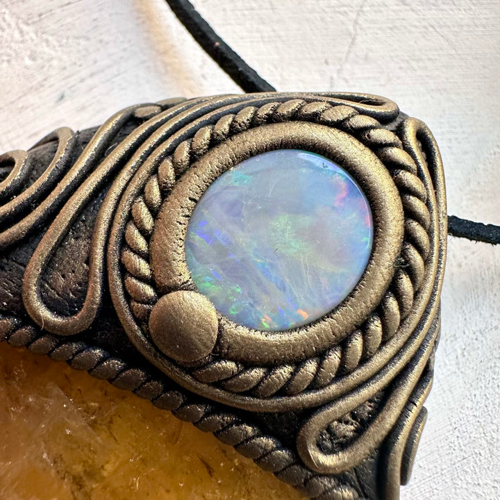 Spiritual gemstone pendant combining citrine and gray Australian opal