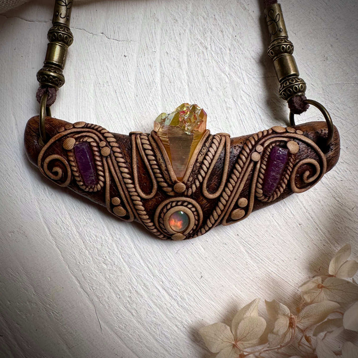 Sunset Aura Quartz Ethiopian Opal and Ruby Statement Necklace - FairyGardenGlow