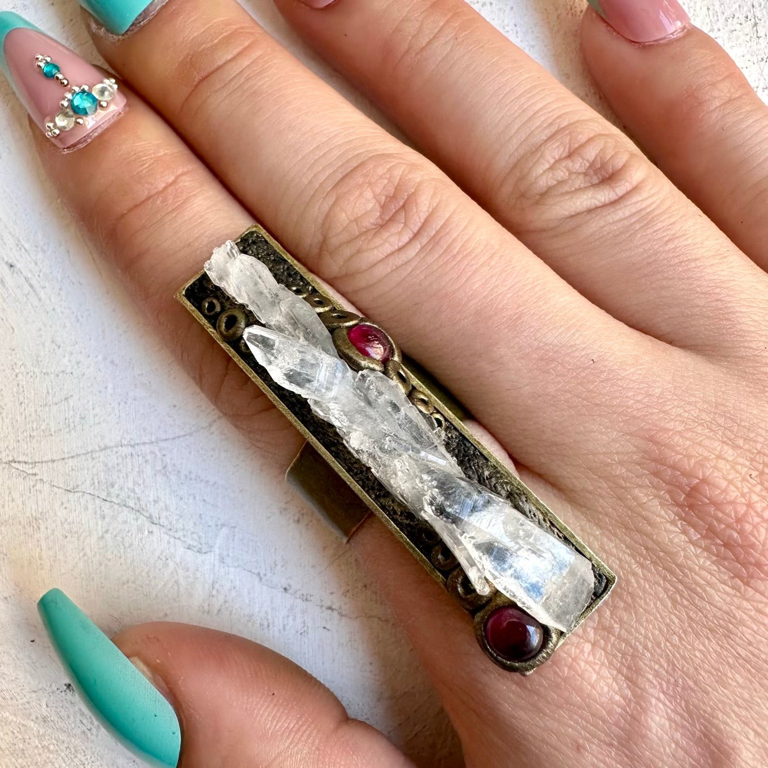 Faden Quartz and Rhodolite Garnet Ring, Raw Crystal Ring