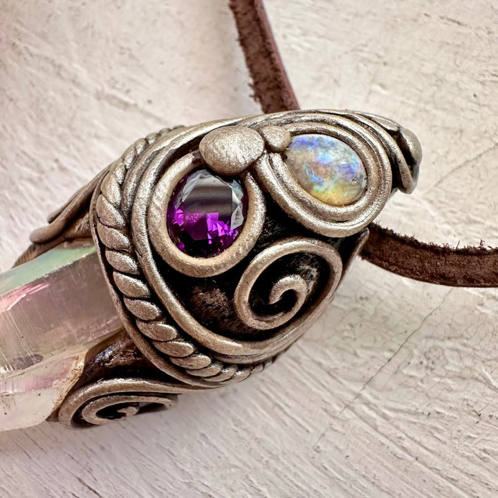 Angel Aura Quartz Cluster Amethyst and Australian Opal Necklace - FairyGardenGlow