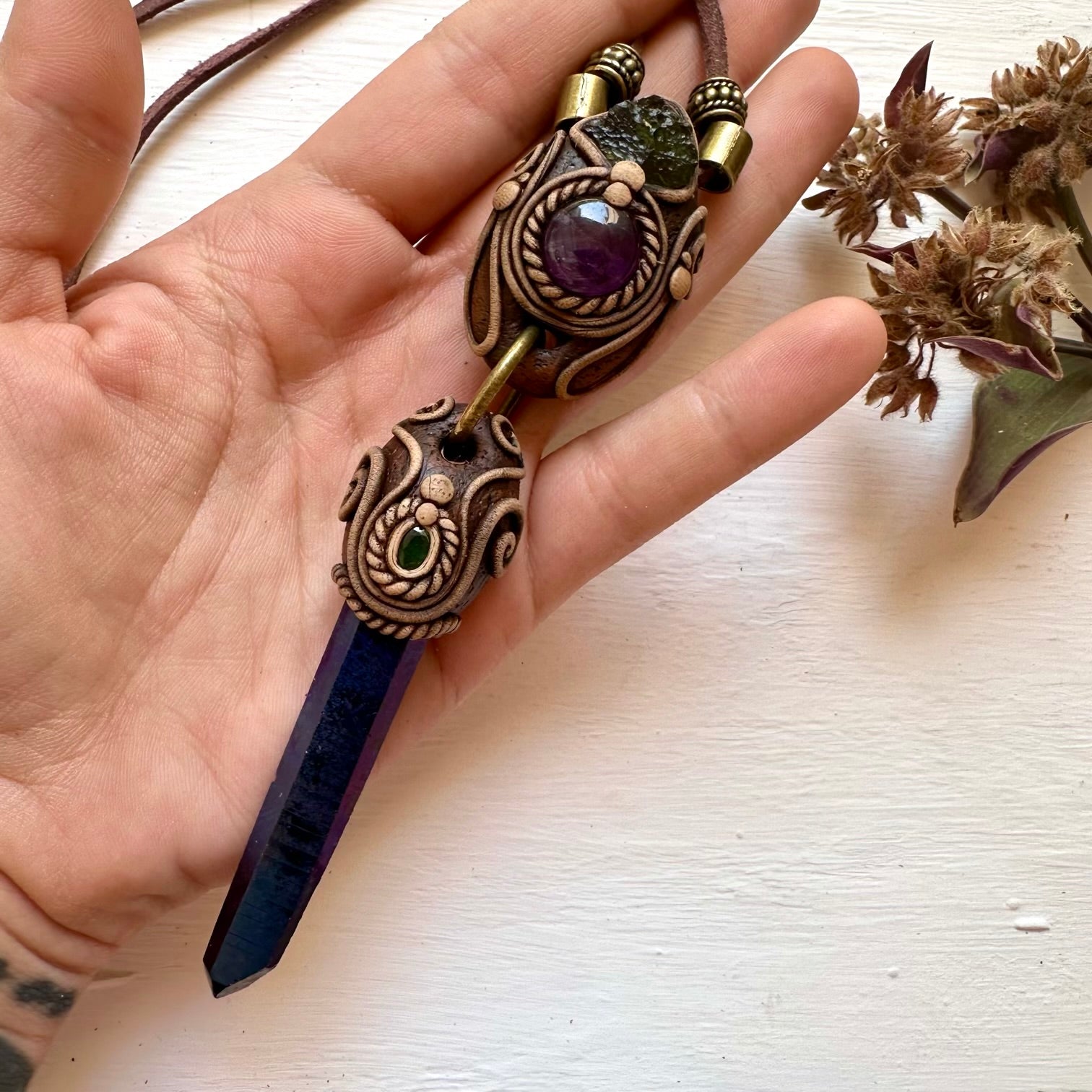 Cobalt Aura Quartz Necklace, Moldavite Amethyst and Emerald Crystal Necklace - FairyGardenGlow