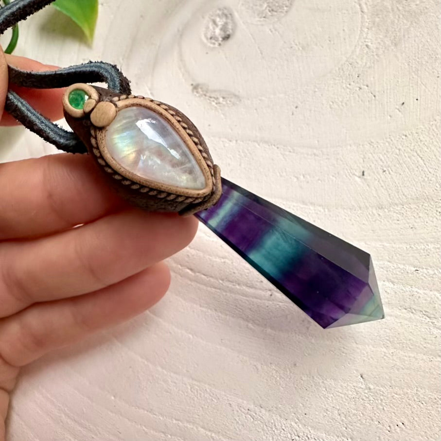 Rainbow Fluorite with Rainbow Moonstone and Emerald Pendant
