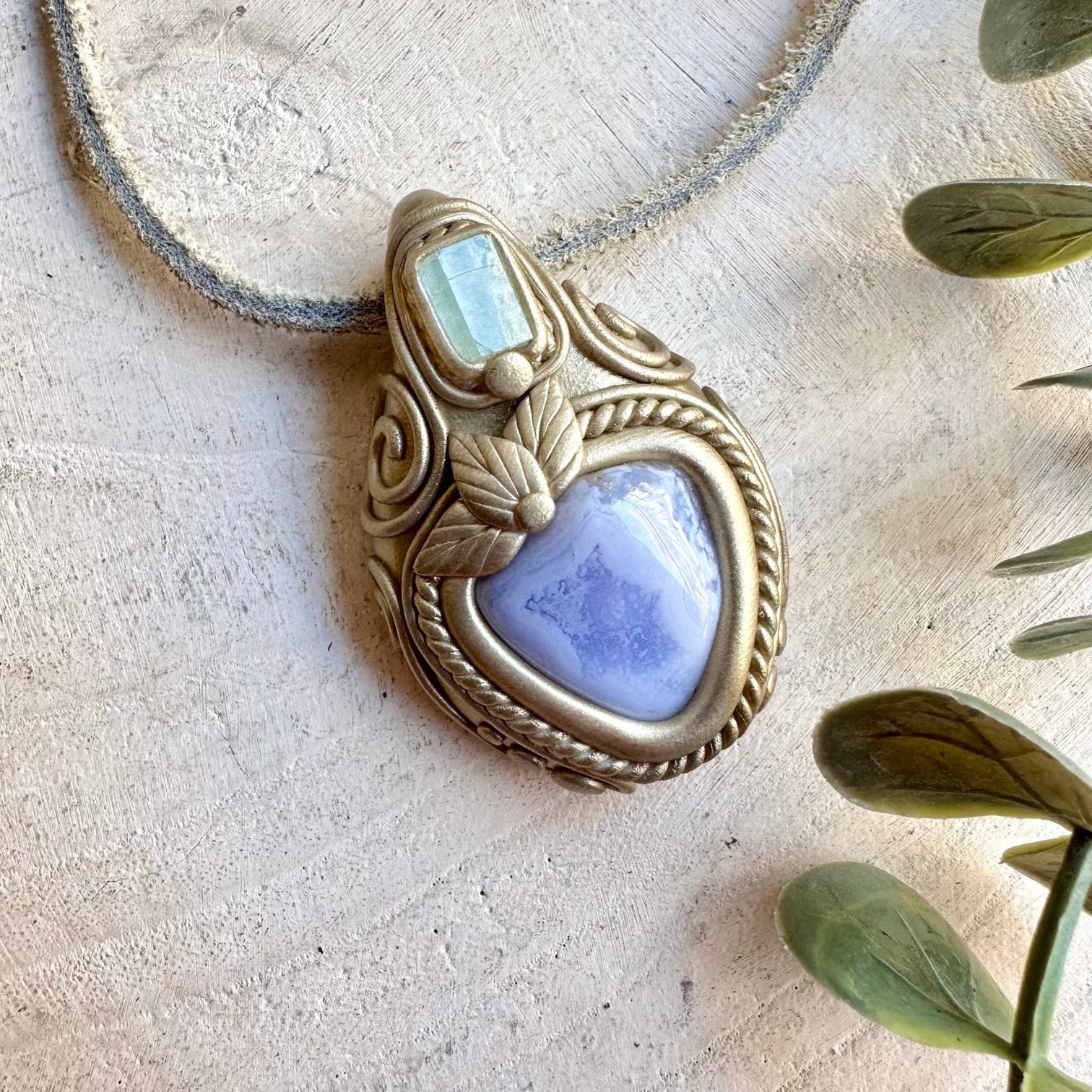 Blue Chalcedony and Aquamarine pendant necklace, handcrafted as unique gemstone jewelry.