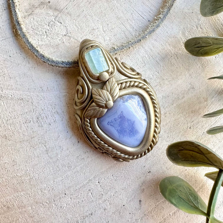 Blue Chalcedony and Aquamarine pendant necklace, handcrafted as unique gemstone jewelry.