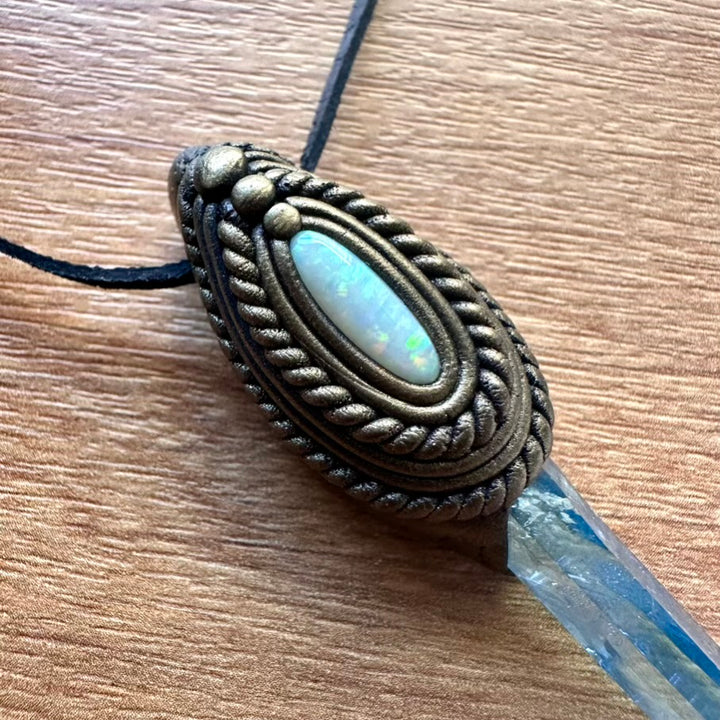 Aqua Aura Quartz and Australian Opal Pendant Necklace - FairyGardenGlow
