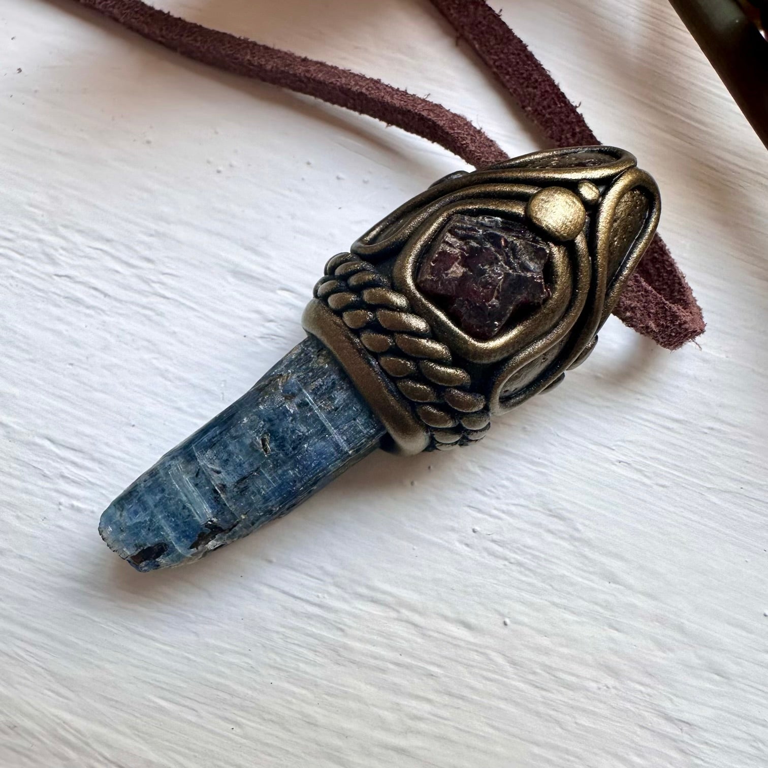 Blue Kyanite and Red Garnet Pendant - FairyGardenGlow