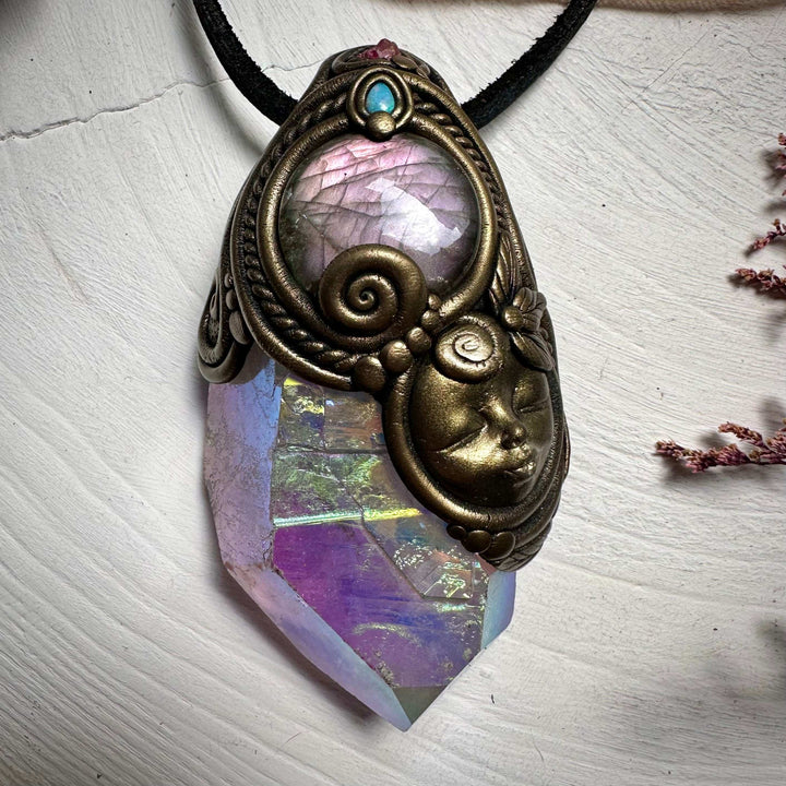 Large Angel Aura Quartz Labradorite Australian Opal and Spinel Goddess Wand / Pendant - FairyGardenGlow