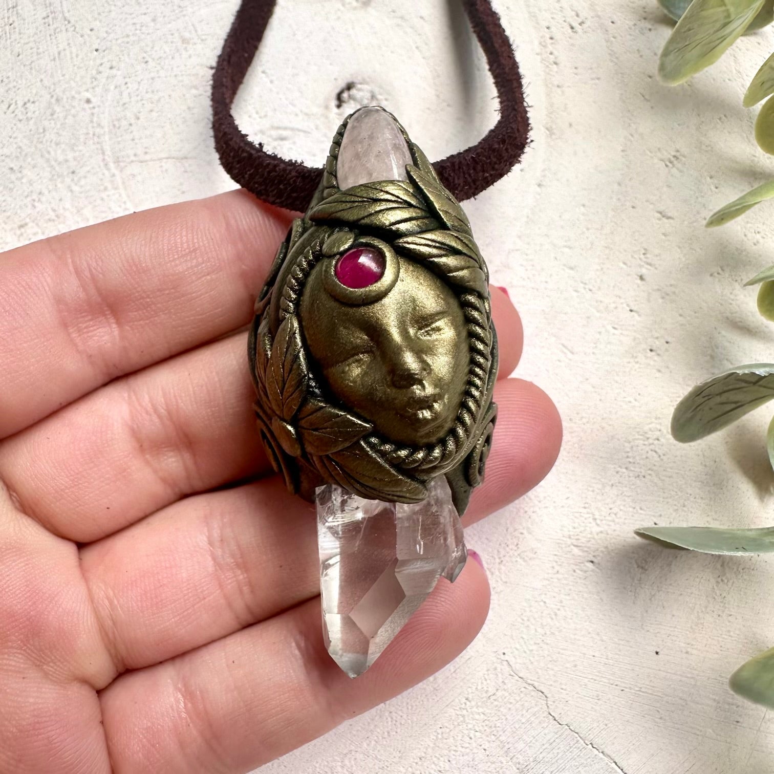 Handmade goddess pendant necklace with heart healing crystals