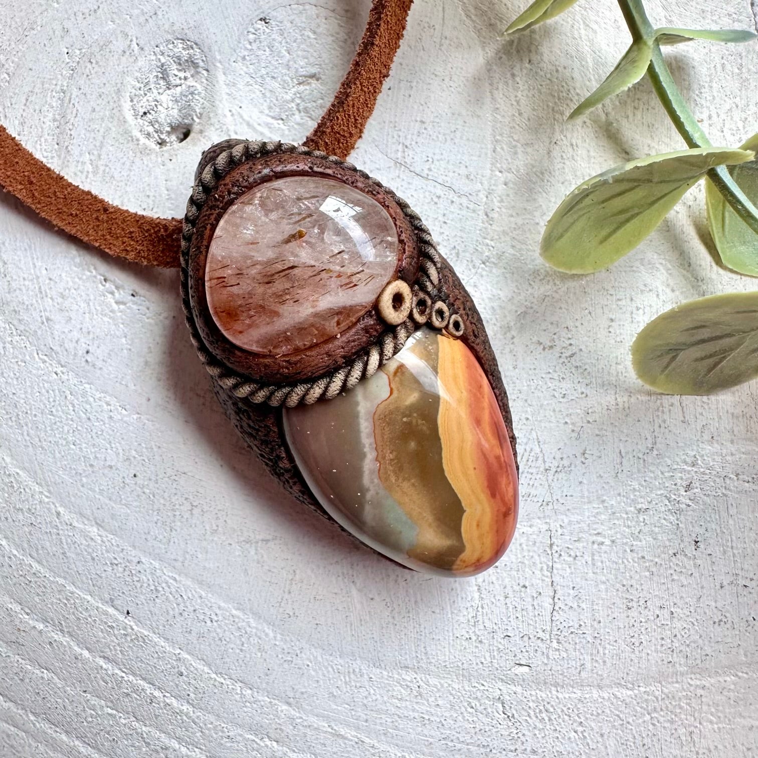 One of a kind gemstone pendant handcrafted with natural Polychrome Jasper and Hematite Quartz.