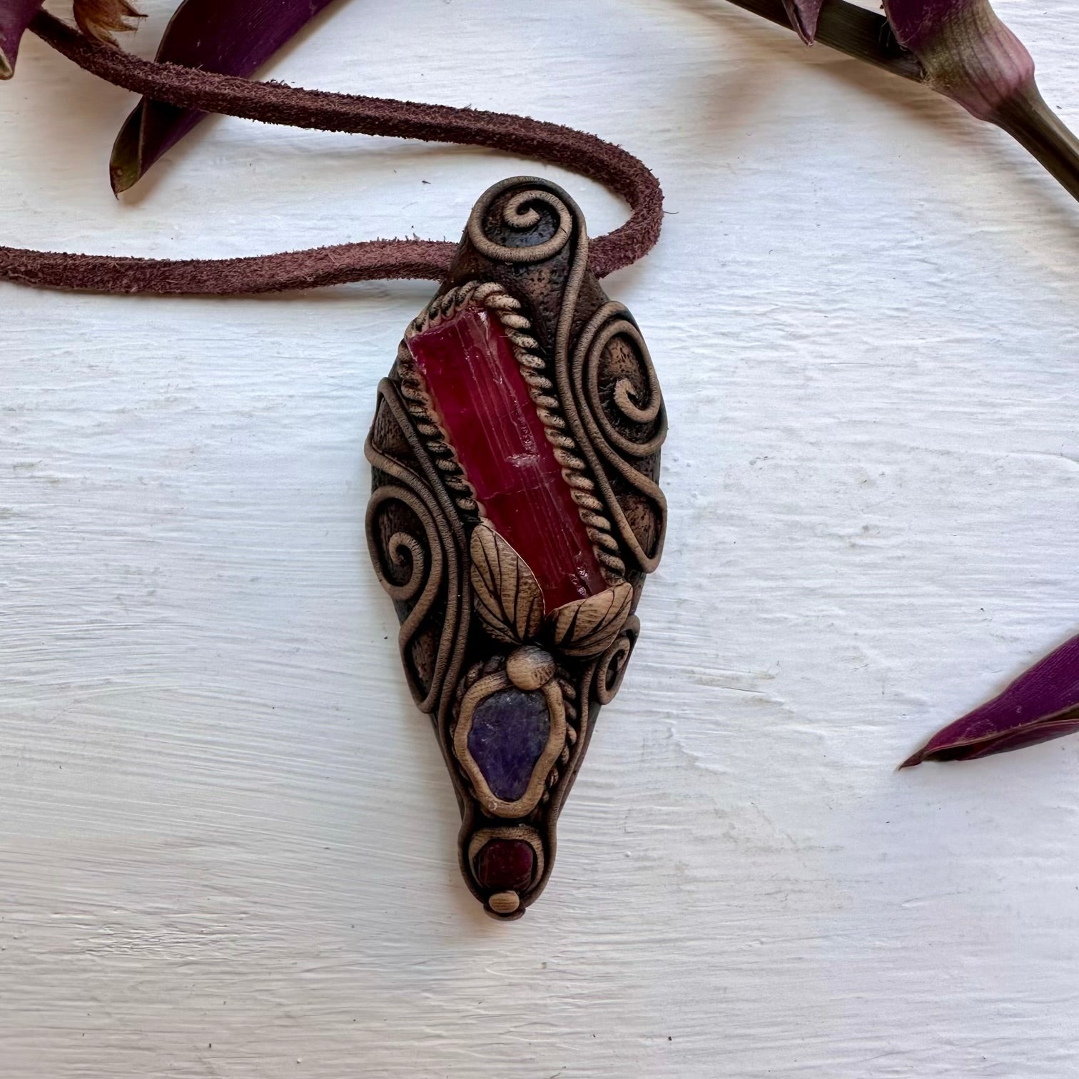 Pink Tourmaline Tanzanite and Ruby Necklace - FairyGardenGlow