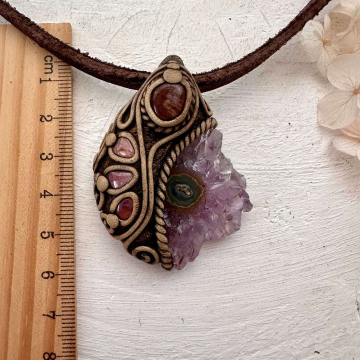 Amethyst Stalactite Sunstone and Pink Tourmaline Pendant Necklace - FairyGardenGlow