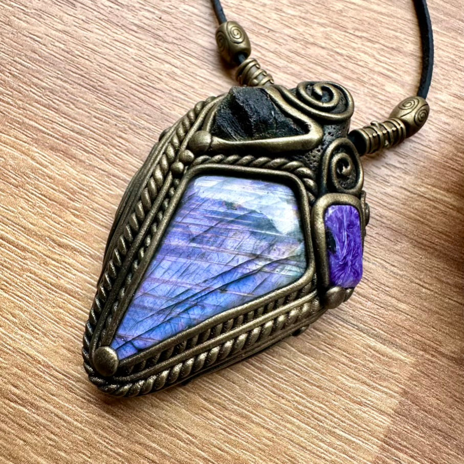 Purple Labradorite Moldavite and Charoite Necklace - FairyGardenGlow