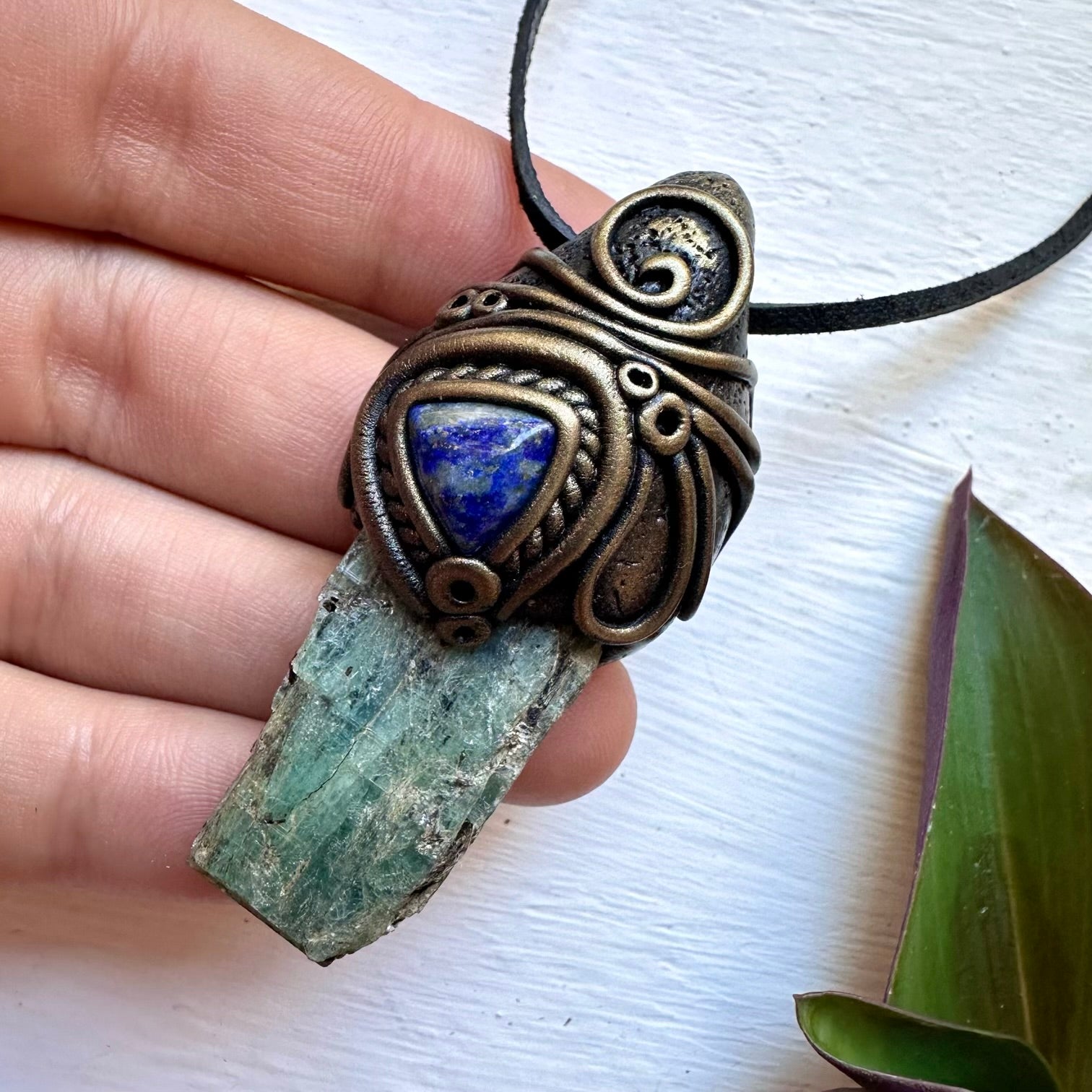 Green Kyanite and Lapis Lazuli Necklace, Handmade Crystal Pendant