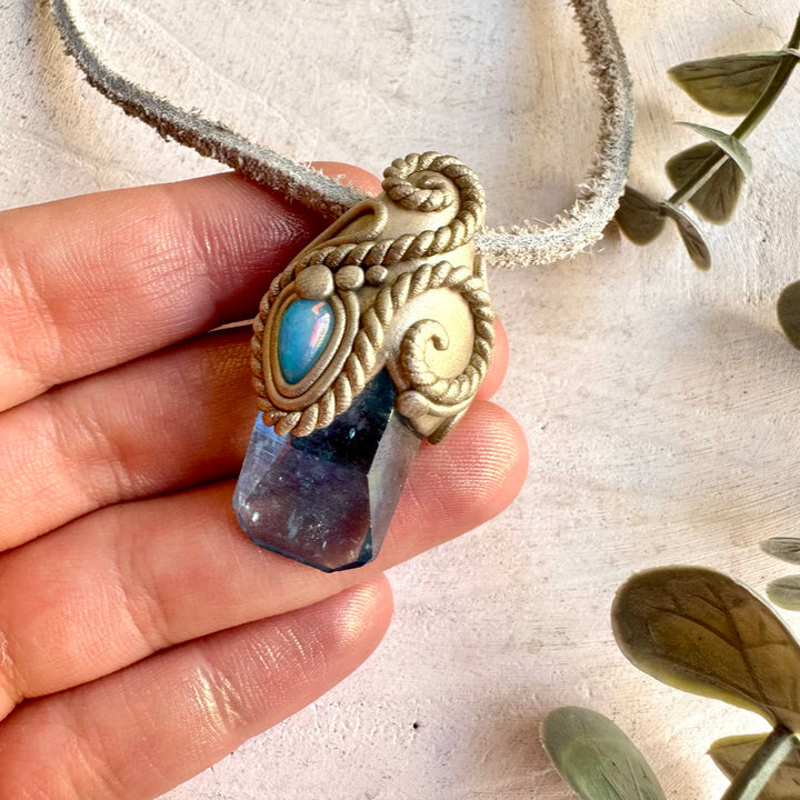 One of a kind gemstone necklace with luminous Aqua Aura Quartz and Blue Ethiopian Opal.