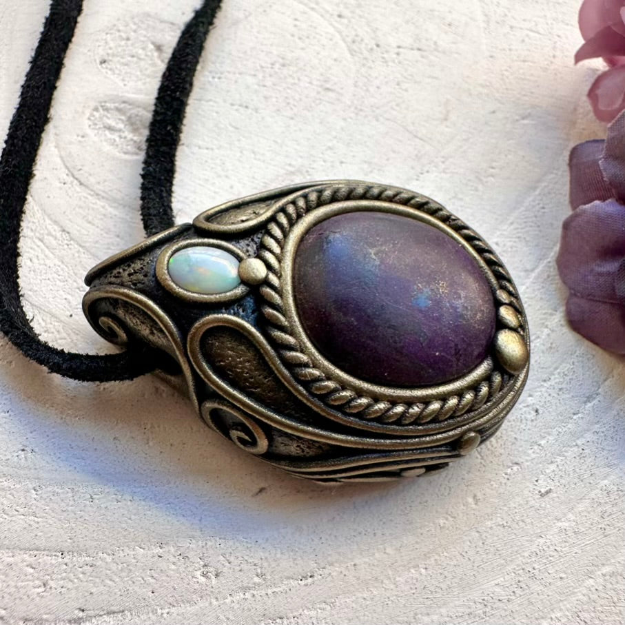 Spiritual crystal necklace featuring deep-purple Purpurite and natural Australian Opal pendant, artisan handmade jewelry.