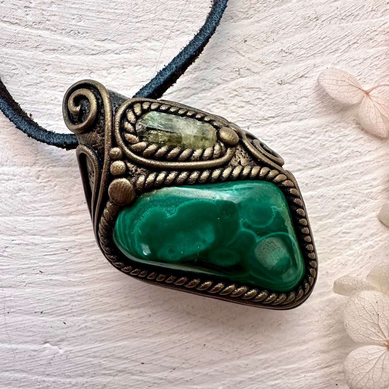 Malachite and Brazilianite Pendant Necklace - FairyGardenGlow