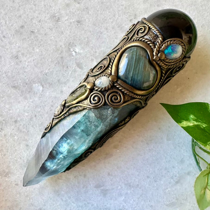 Large Aqua Aura Lemurian Quartz Obsidian Blue Labradorite Heart Australian Crystal Opal Moldavite Aquamarine and Clear Topaz Wand, Healing Crystal Tool - FairyGardenGlow