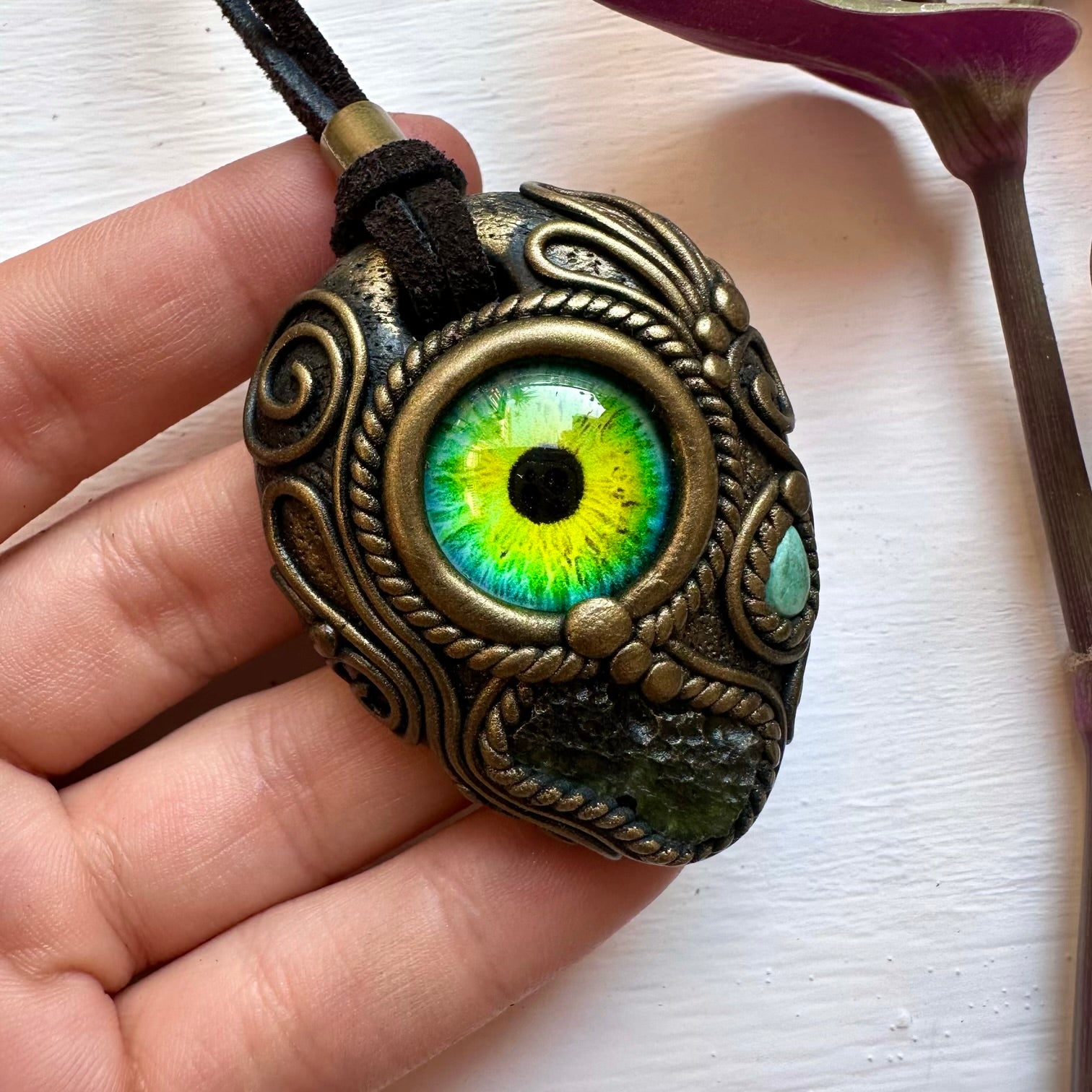Moldavite and Tibetan Turquoise Eye Necklace - FairyGardenGlow