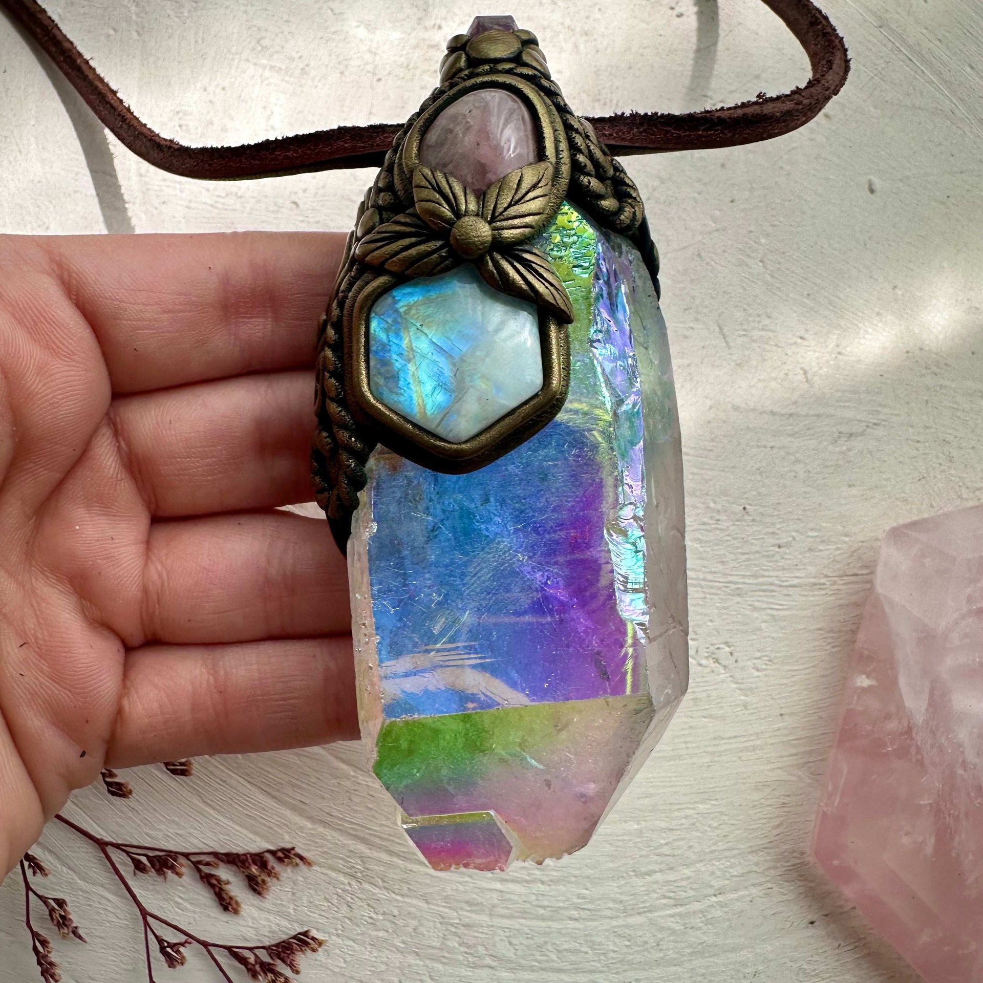 Crystal Wand / Pendant, Angel Aura Quartz Rainbow Moonstone, Rose Quartz, Raw Ruby - FairyGardenGlow