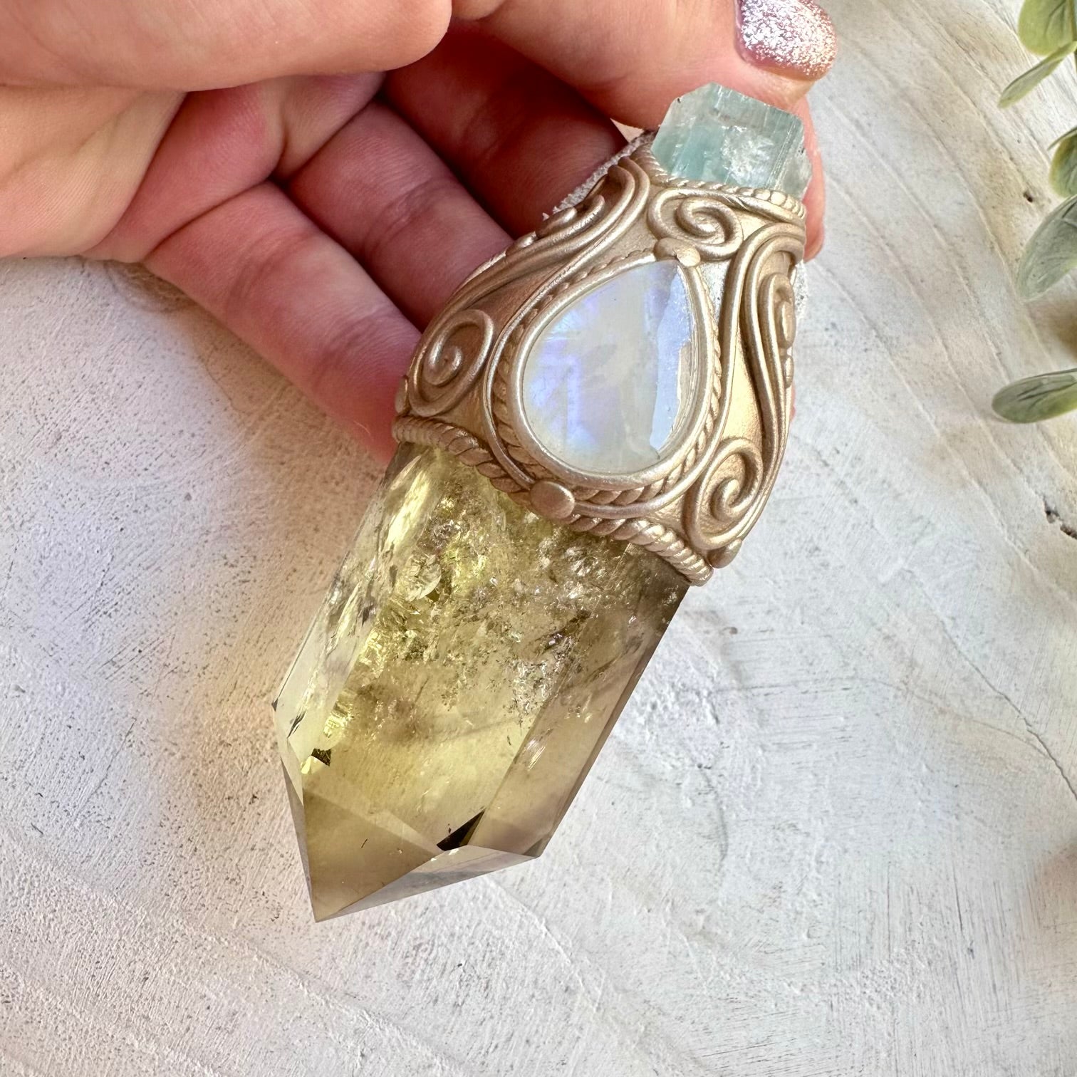 handmade healing crystal tool with natural citrine point aquamarine and moonstone