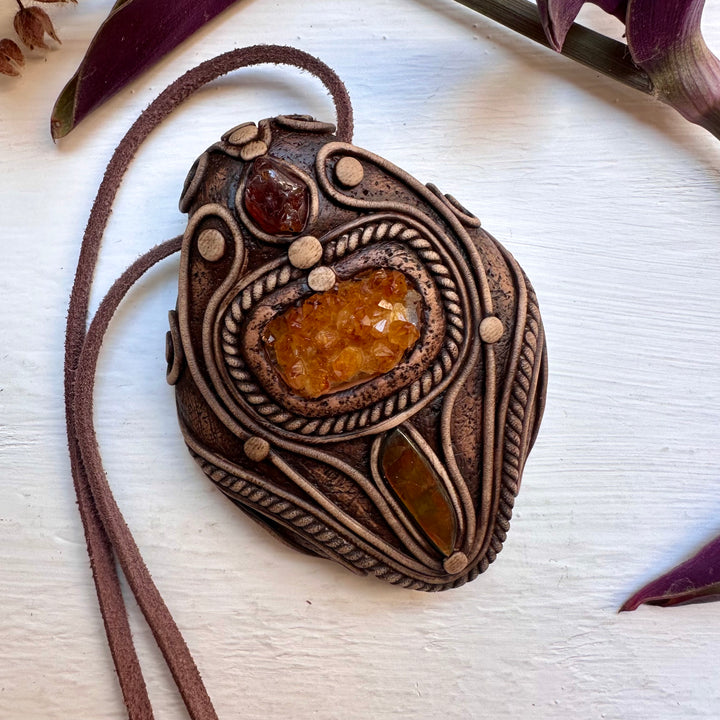 Citrine Cluster Ammolite and Hessonite Garnet Necklace - FairyGardenGlow