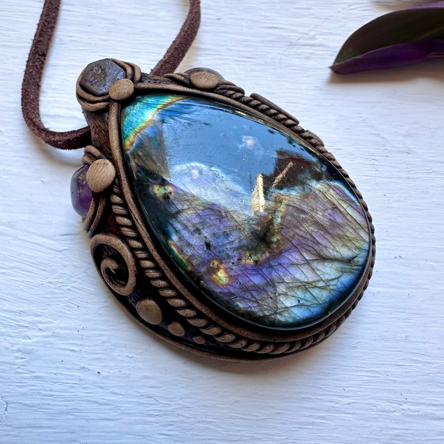 Labradorite Boulder Opal and Amethyst Necklace - FairyGardenGlow