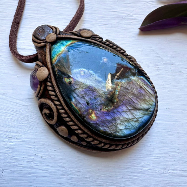Labradorite Boulder Opal and Amethyst Necklace - FairyGardenGlow