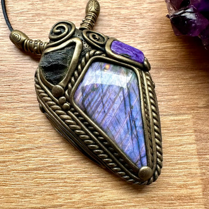 Purple Labradorite Moldavite and Charoite Necklace - FairyGardenGlow
