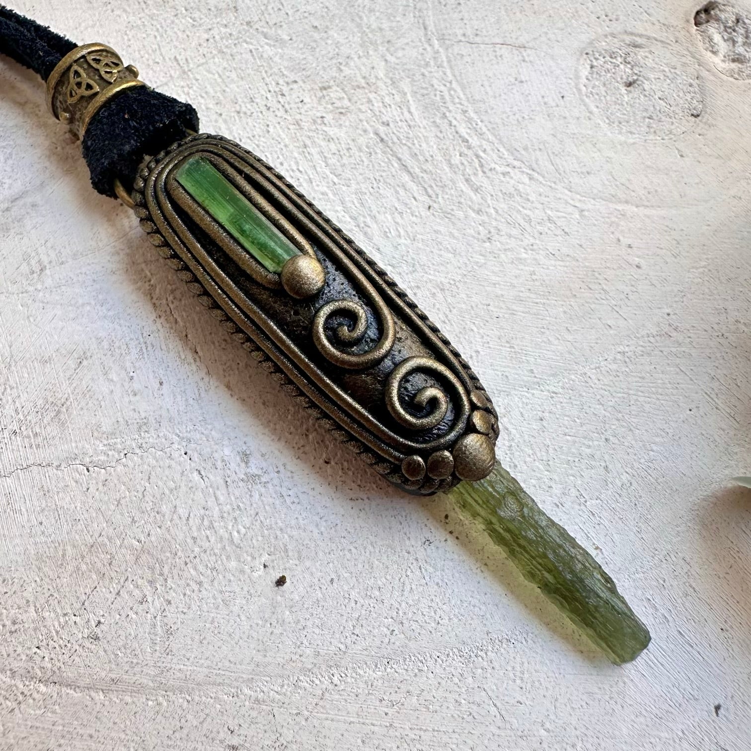 Healing crystal jewelry combining rare genuine Moldavite and Green Tourmaline