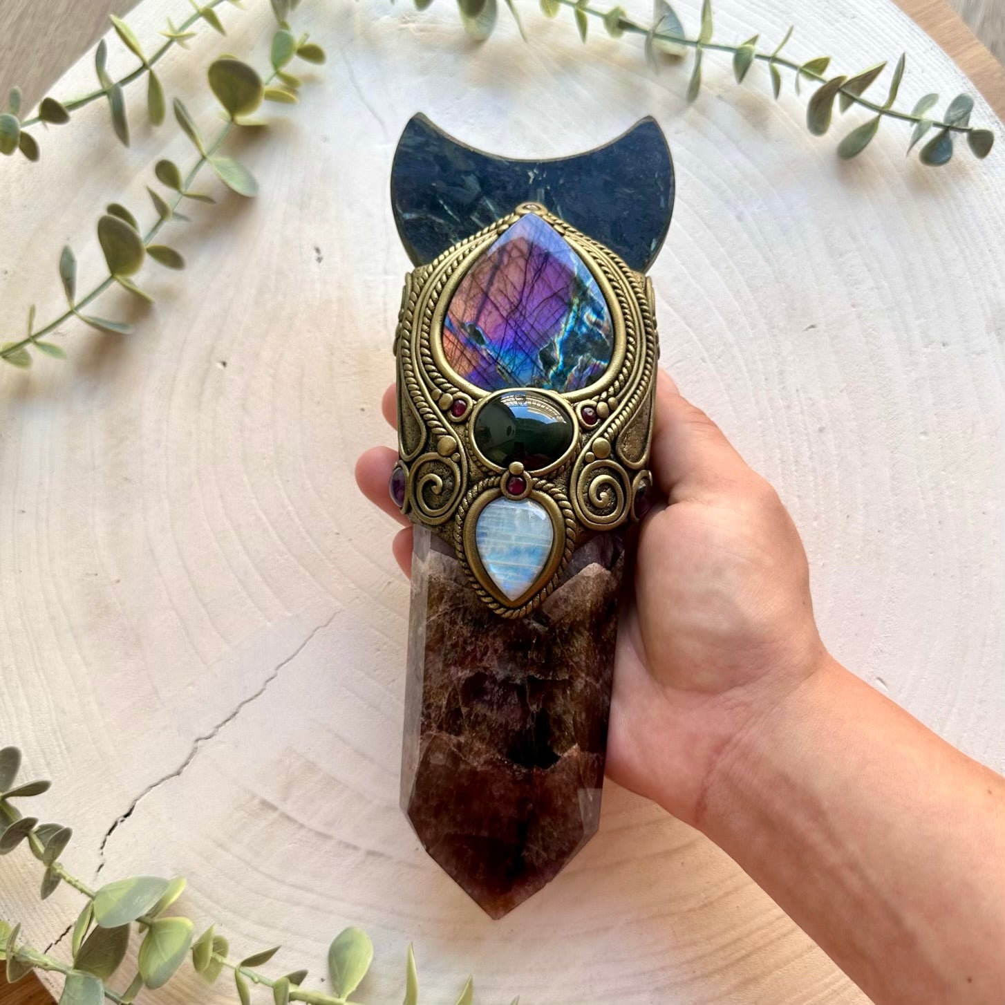 Handmade Super Seven Quartz crystal wand with an Astrophyllite moon, Purple Labradorite, Rainbow Obsidian and Rainbow Moonstone.