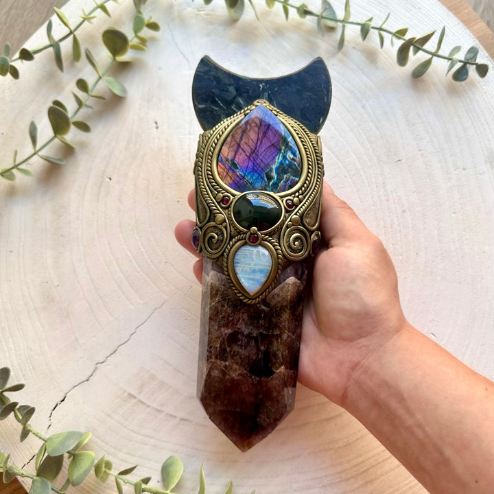 Handmade Super Seven Quartz crystal wand with an Astrophyllite moon, Purple Labradorite, Rainbow Obsidian and Rainbow Moonstone.