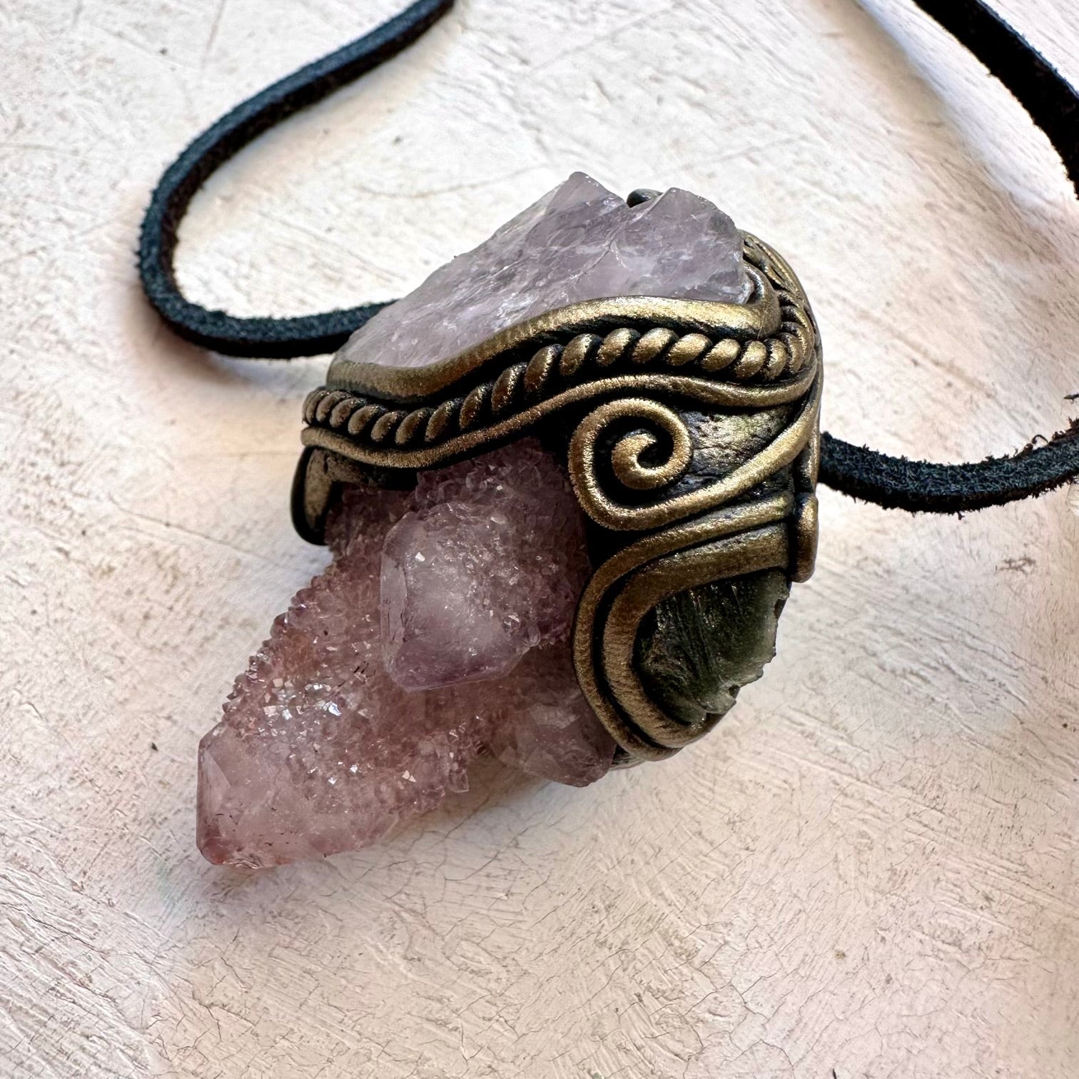 Spirit Quartz Raw Rose Quartz and Moldavite Pendant, Raw Crystal Necklace - FairyGardenGlow