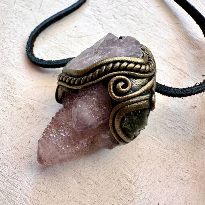 Spirit Quartz Raw Rose Quartz and Moldavite Pendant, Raw Crystal Necklace - FairyGardenGlow