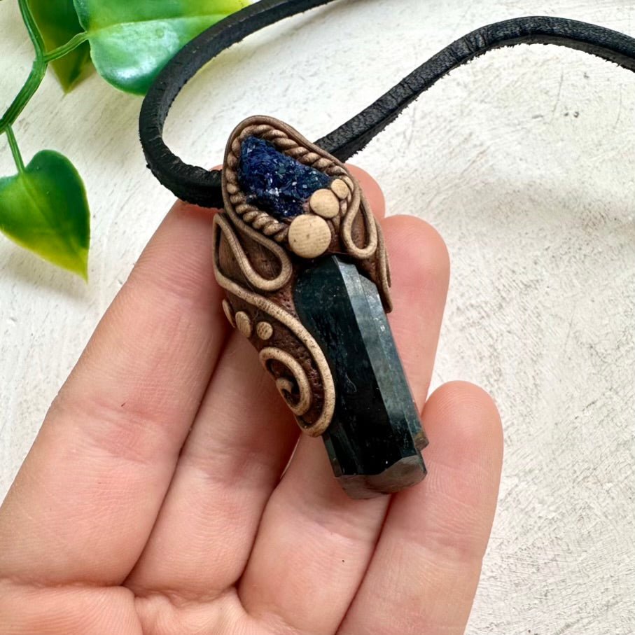 Vivianite and Azurite Necklace, Unisex Handmade Pendant - FairyGardenGlow