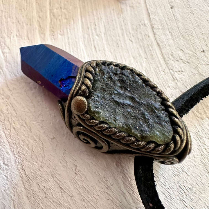 Raw Moldavite and Cobalt Aura Quartz Pendant Necklace - FairyGardenGlow