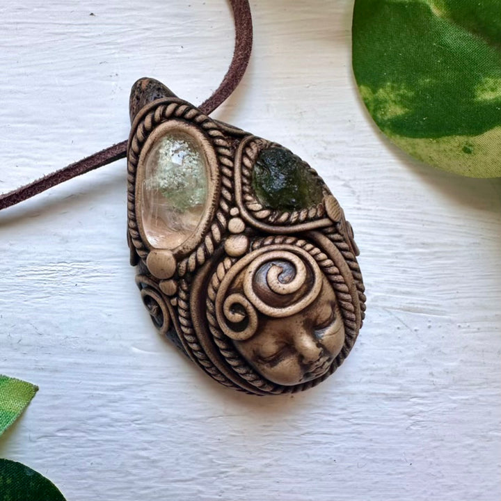 Chlorite Quartz and Moldavite Goddess Necklace - FairyGardenGlow