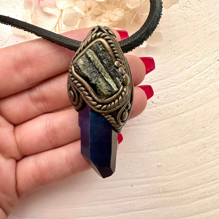 Cobalt Aura Quartz and Moldavite Pendant Necklace - FairyGardenGlow
