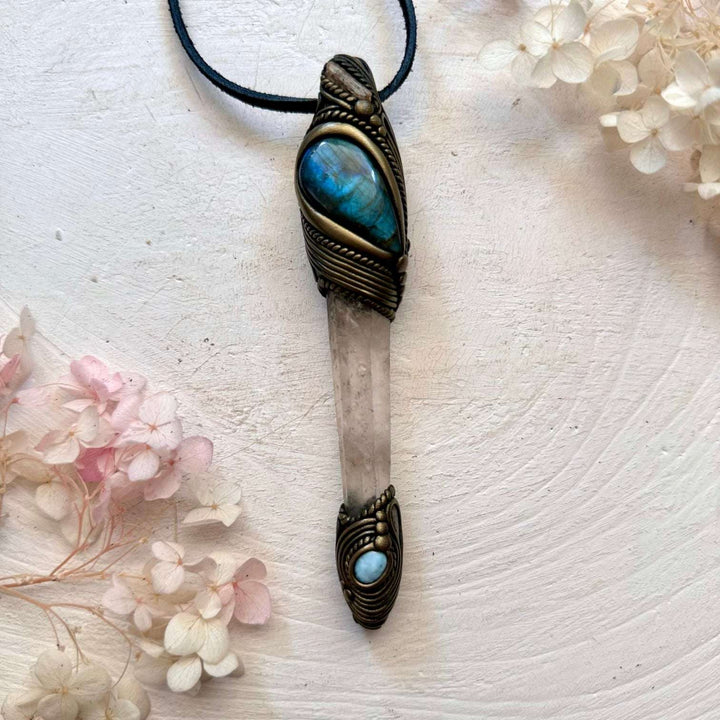 Lemurian Seed Quartz Labradorite Larimar and Imperial Topaz Crystal Wand / Pendant - FairyGardenGlow