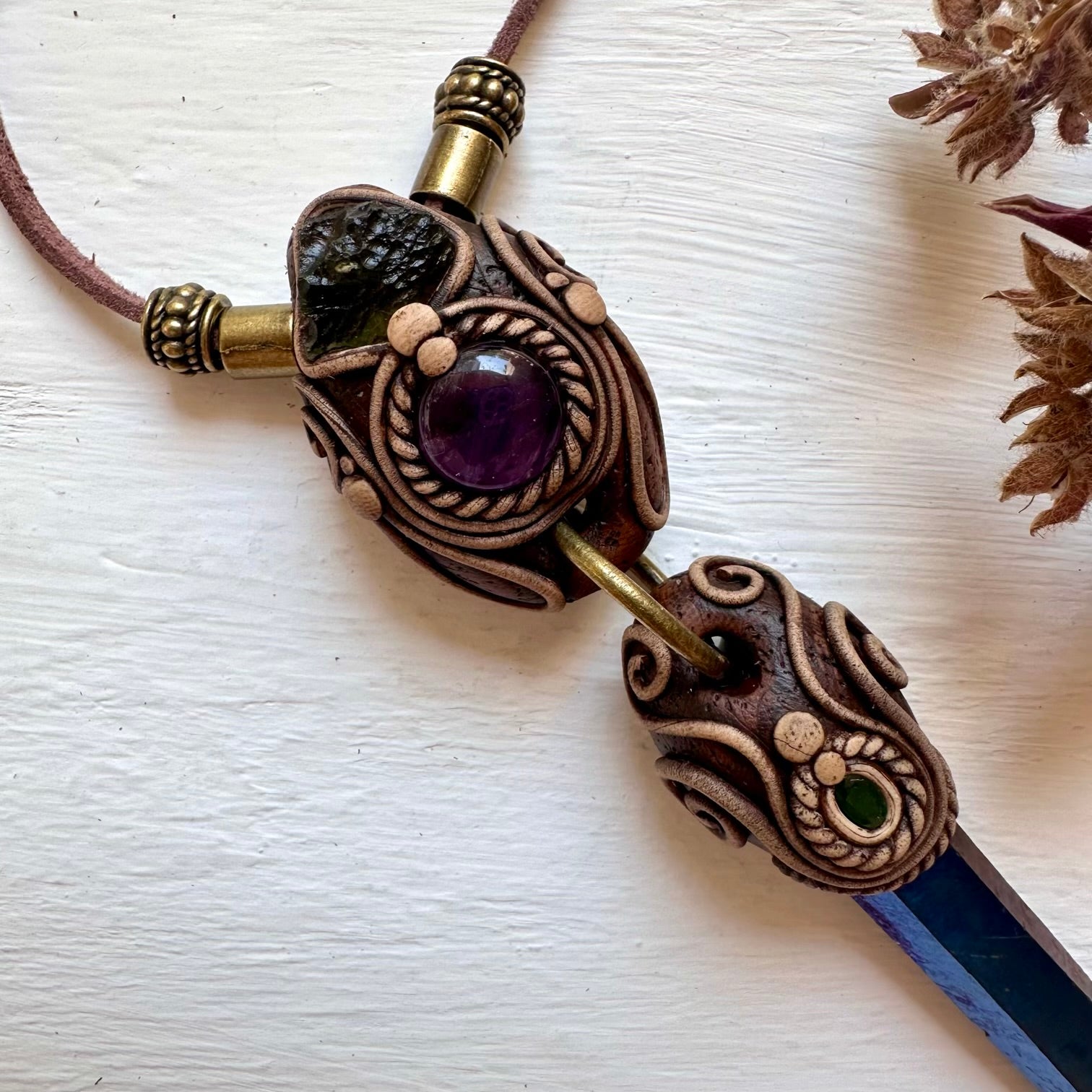 Cobalt Aura Quartz Necklace, Moldavite Amethyst and Emerald Crystal Necklace - FairyGardenGlow
