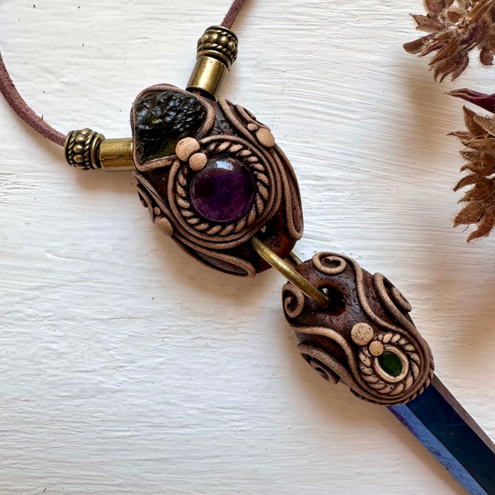 Cobalt Aura Quartz Necklace, Moldavite Amethyst and Emerald Crystal Necklace - FairyGardenGlow